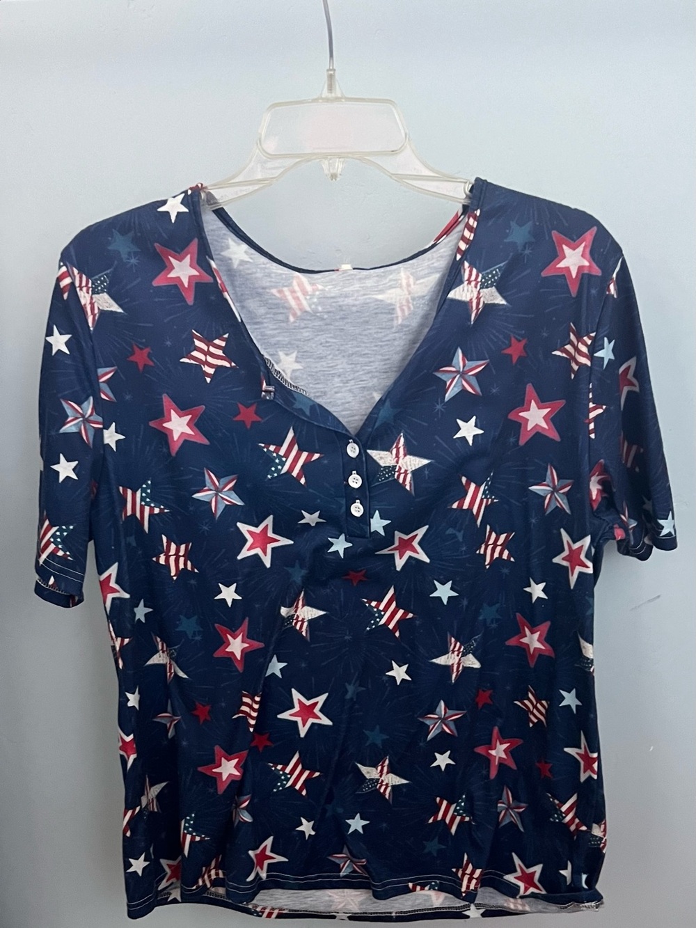 Women’s Navy Star Print Henley Top - Patriotic Short Sleeve